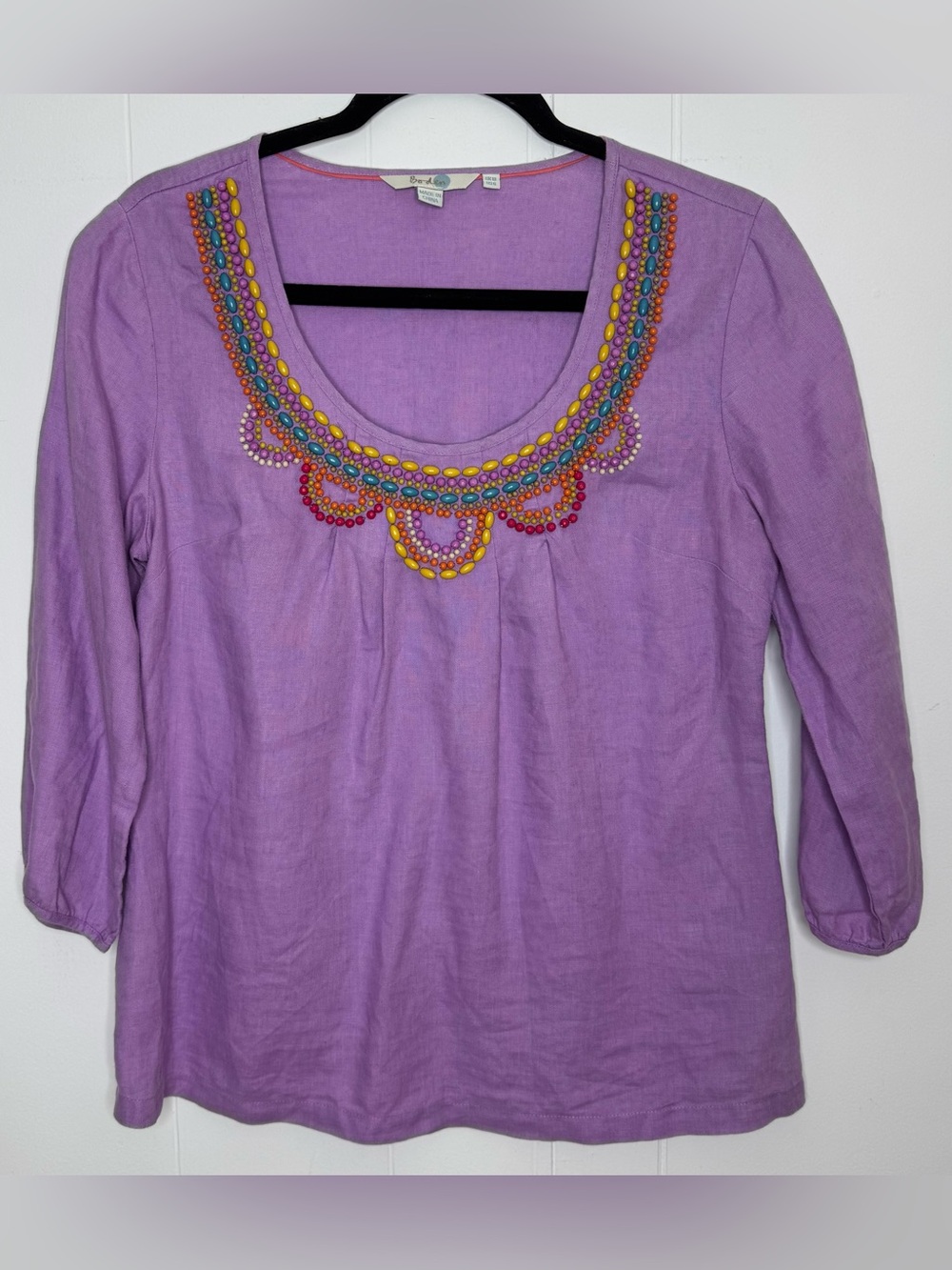 Boden Lavender Scoop Neck Beaded 3/4 Sleeve Top Womens 6